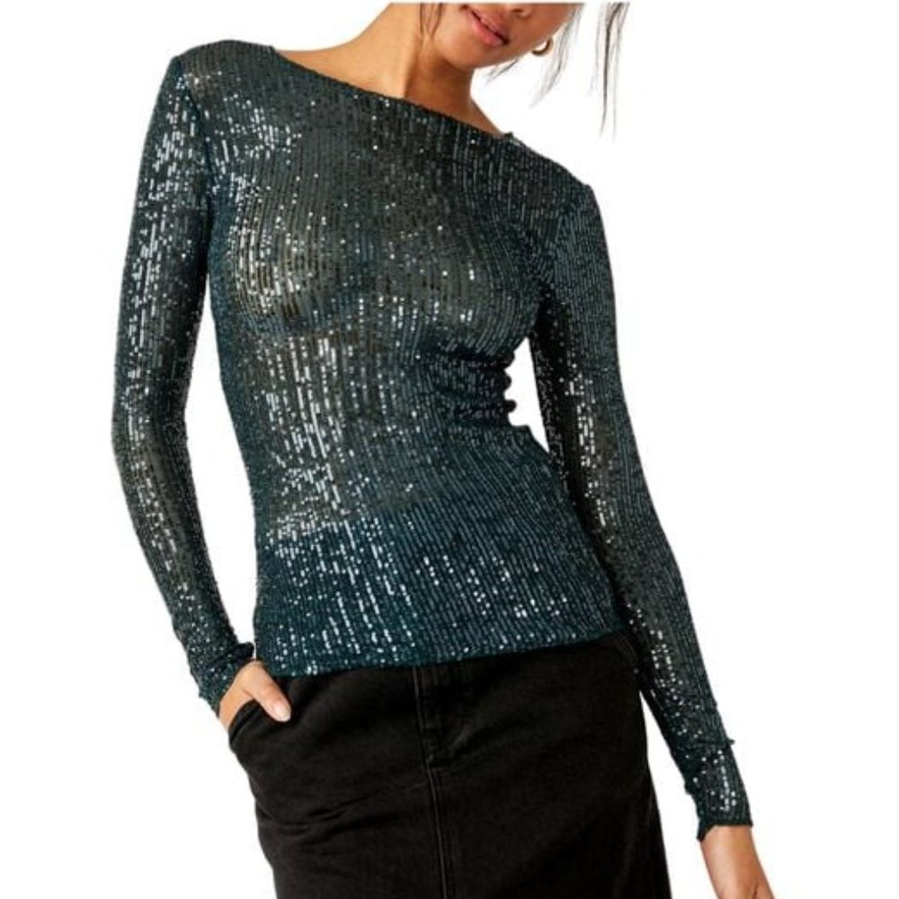 New Women’s Free People Gold Rush Sequin Long Sleeve Top In Green!!🔥